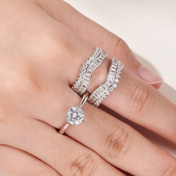 3.5ct Round Cut Diamond Engagement Ring Wedding Band 2 PC Set Enhancer S925 - Picture 3 of 4